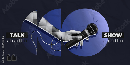 Trendy Halftone Collage Hand holding studio microphone. Talk show and interview. Podcast broadcast and radio news. Karaoke poster. Open mic festival. Contemporary vector illustration art