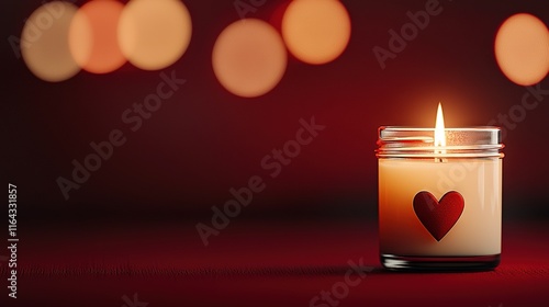   Candle with heart & red background, circles of lights in the back