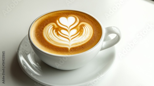 Elegant Coffee Cup with Latte Art on White Background