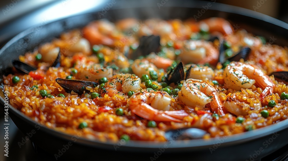 A vibrant paella dish featuring shrimp, mussels, and peas, steaming in a black pan. A vibrant paella dish featuring shrimp, mussels, and peas, steaming in a black pan.