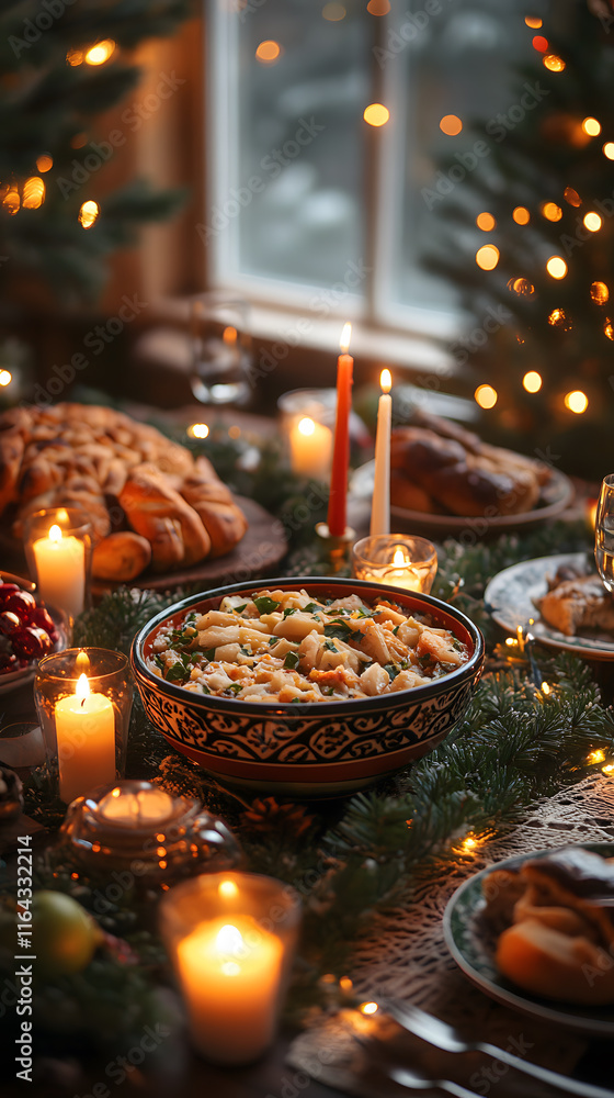 Festive dinner setting with traditional food and warm candlelight during the holiday season Festive dinner setting with traditional food and warm candlelight during the holiday season