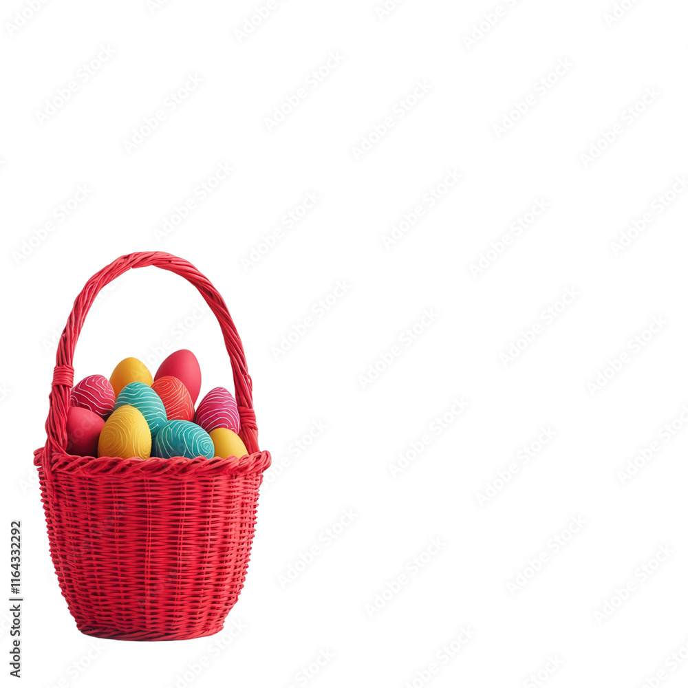 A vibrant red basket filled with colorful Easter eggs. A vibrant red basket filled with colorful Easter eggs.