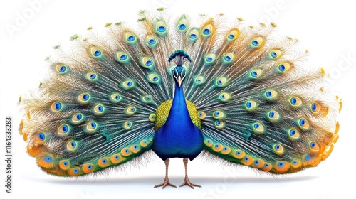 Majestic peacock with fully spread tail feathers, isolated on white.