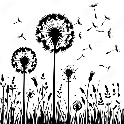 Black and white vector dandelions in the field logo on a white background.