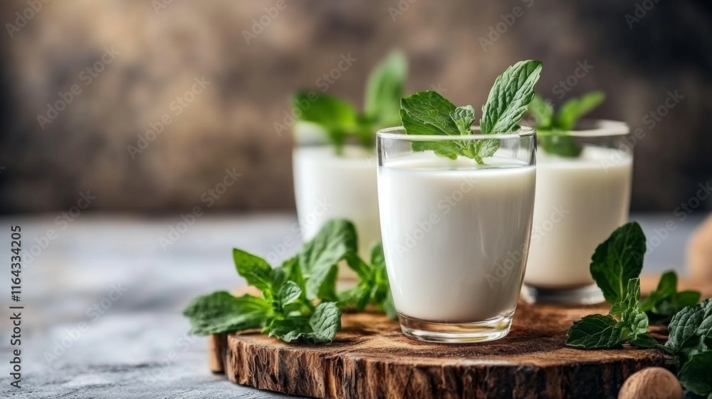 Fresh Milk Glasses with Mint Leaves on Wooden Board Fresh Milk Glasses with Mint Leaves on Wooden Board