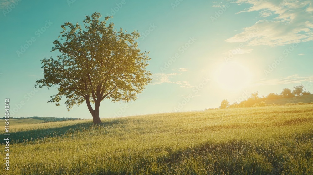 Green grass field lawn with tree and yellow sunlight against blue sky. Green Meadows Beautiful Journey Through Nature Great as a background, web banner Green grass field lawn with tree and yellow sunlight against blue sky. Green Meadows Beautiful Journey Through Nature Great as a background, web banner