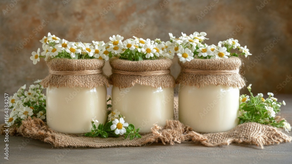 Fresh Milk Jar with Flowers on Rustic Background Fresh Milk Jar with Flowers on Rustic Background