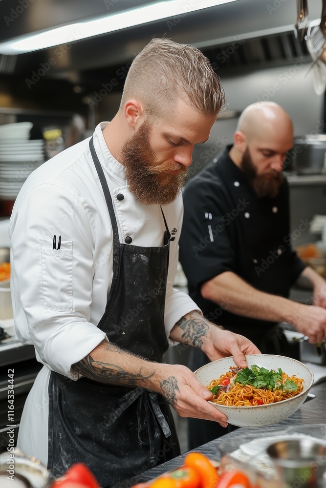 A chef with a beard is holding a bowl of food A chef with a beard is holding a bowl of food
