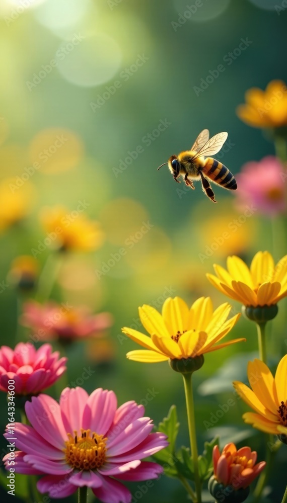 Honeybee in flight above a field of colorful blooms , outdoor, blossom Honeybee in flight above a field of colorful blooms , outdoor, blossom