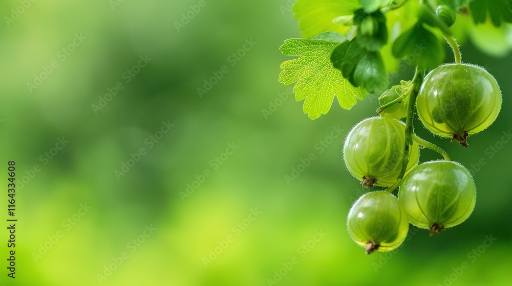 A group of green grapes dangling from a tree surrounded by fuzzy green foliage A group of green grapes dangling from a tree surrounded by fuzzy green foliage