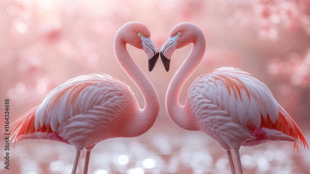 Naklejka premium Two flamingos forming a heart shape.