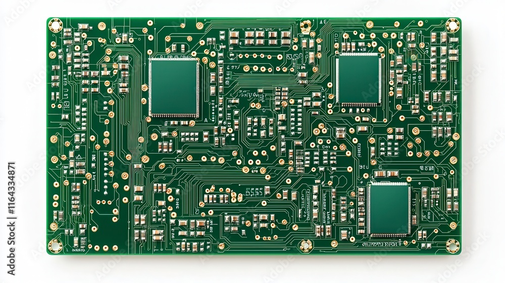 High-quality image of a green circuit board showcasing intricate electronic components and connections. High-quality image of a green circuit board showcasing intricate electronic components and connections.