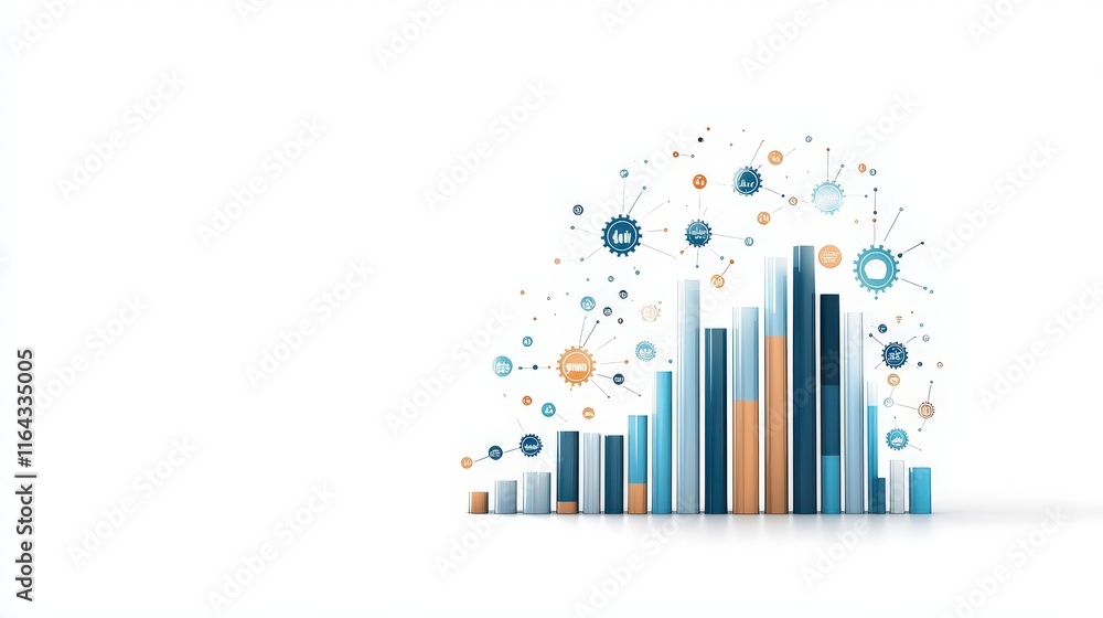 Modern data visualization with bars representing growth, metrics, and trends in a colorful digital design on a white background. Modern data visualization with bars representing growth, metrics, and trends in a colorful digital design on a white background.
