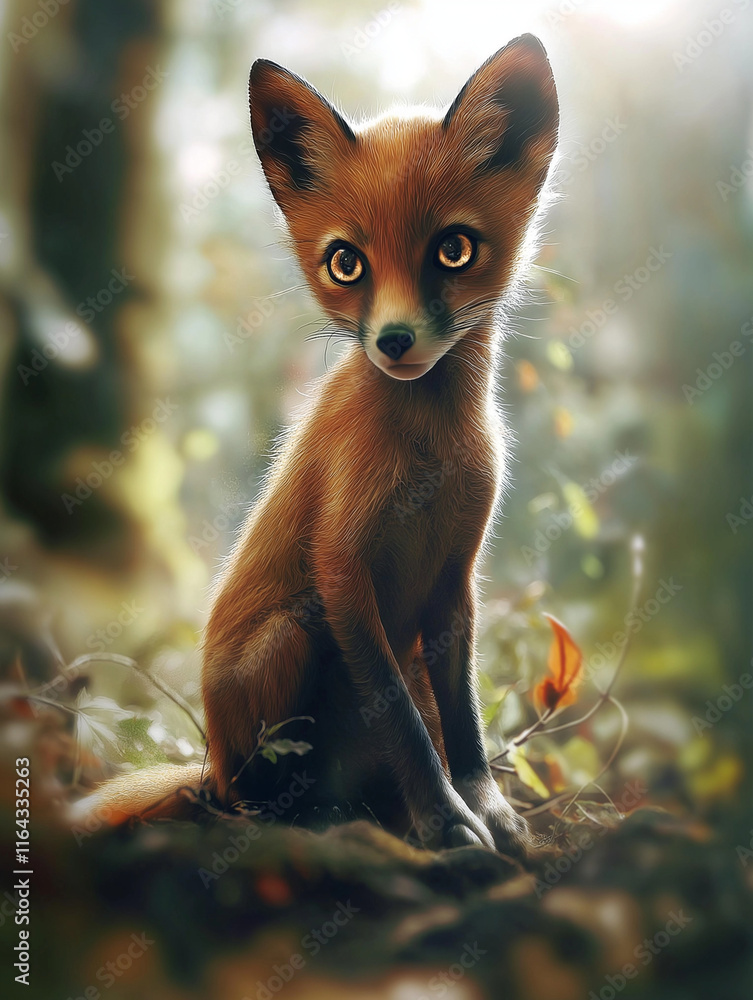 Fototapeta premium sweet 3D baby fox with a fluffy orange coat, sitting in a forest clearing, big glowing eyes, and a cute tilted head expression