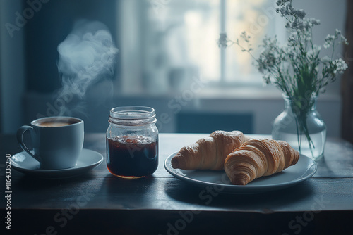 Rustic breakfast spread with croissants, a jar of jam, and a steaming cup of coffee on a dark wooden table. Subtle, warm lighting with a cozy morning vibe photo