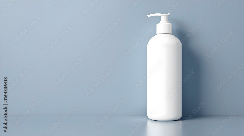 A white pump bottle stands against a light blue background with ample copy space. A white pump bottle stands against a light blue background with ample copy space.