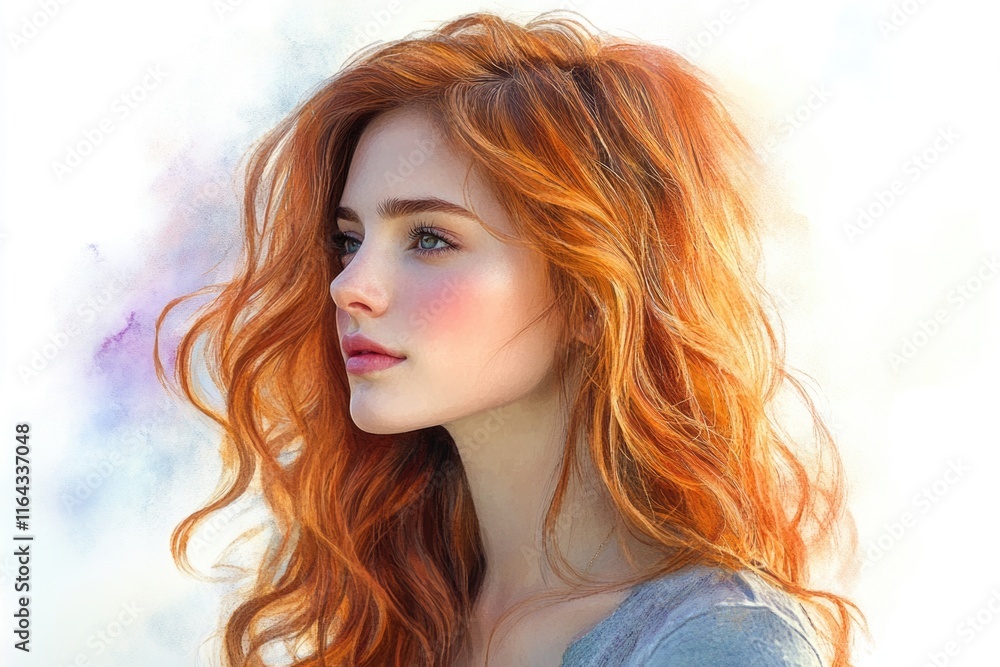 Fototapeta premium A woman with bright red hair wearing a gray shirt, suitable for editorial or commercial use