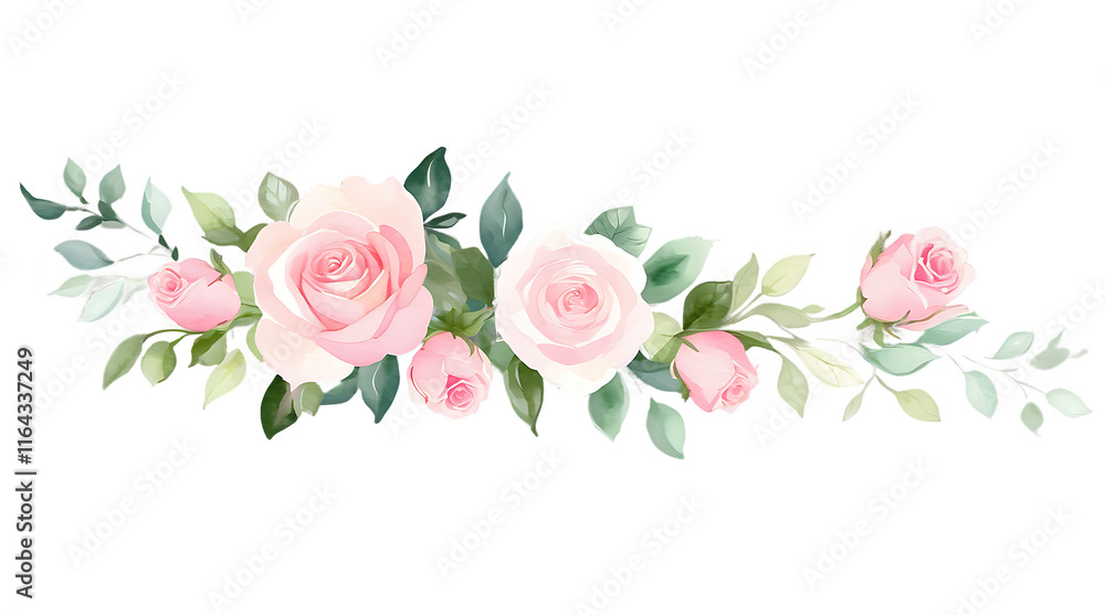 Fototapeta premium Watercolor Floral Corner Bouquet Frame with Pink Roses and Greenery for Elegant Designs, PNG Transparent Background