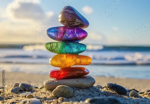 Colorful Stones Stacked on Beach: A Symbol of Balance and Peace