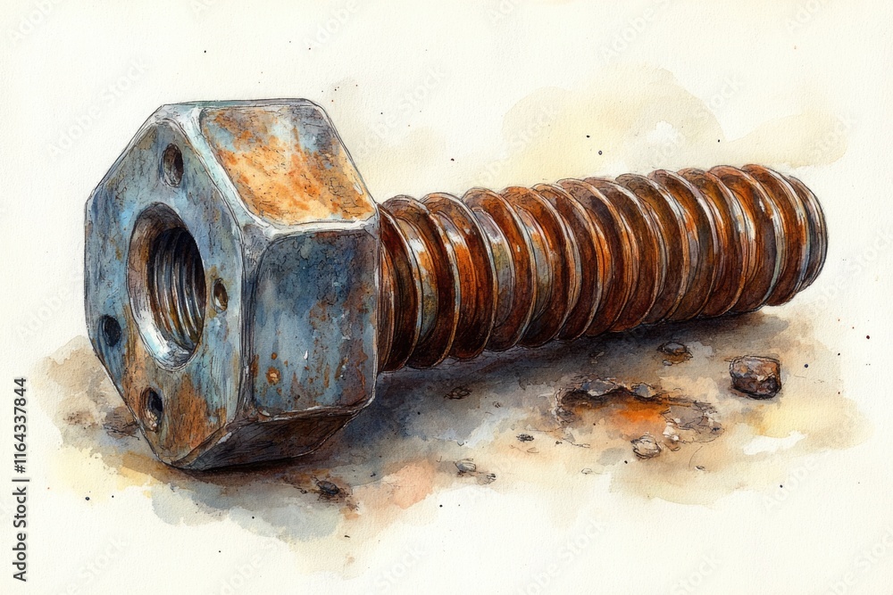 Watercolor illustration of a bolt and nut Watercolor illustration of a bolt and nut