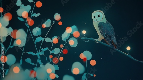   An owl perched atop a tree branch beside a festive cluster of red, white, and blue Christmas lights
