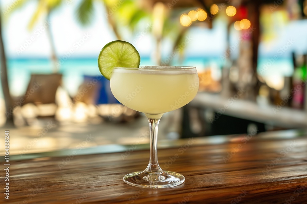 Refreshing Daiquiri Cocktail at Caribbean Beach Bar with Ocean View Refreshing Daiquiri Cocktail at Caribbean Beach Bar with Ocean View