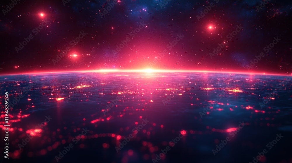 Red sunrise over futuristic city. Red sunrise over futuristic city.