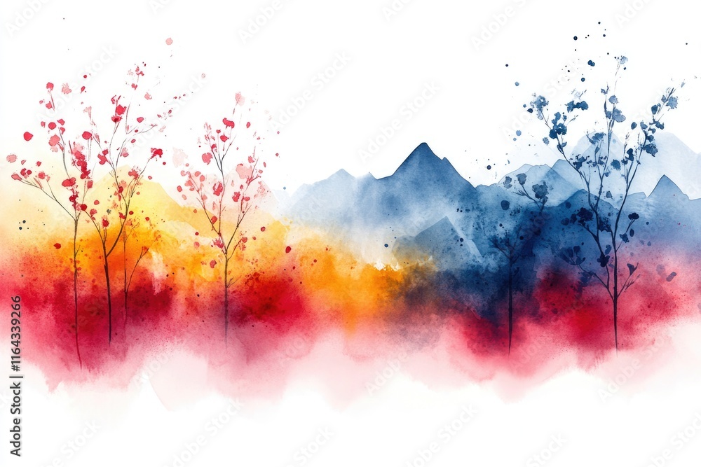 Obraz premium Watercolor illustration of trees and mountains, great for travel or nature-themed designs