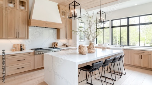 Modern kitchen featuring natural wood cabinets, white marble countertops, and unique pottery decor in a bright, airy space
