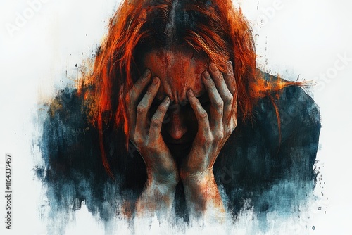 A person with bright red hair hiding their identity, possibly in shame or embarrassment