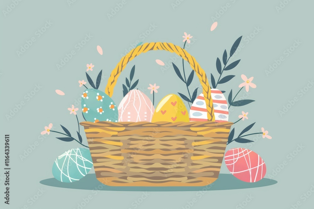Fototapeta premium Easter basket with decorated eggs and flowers