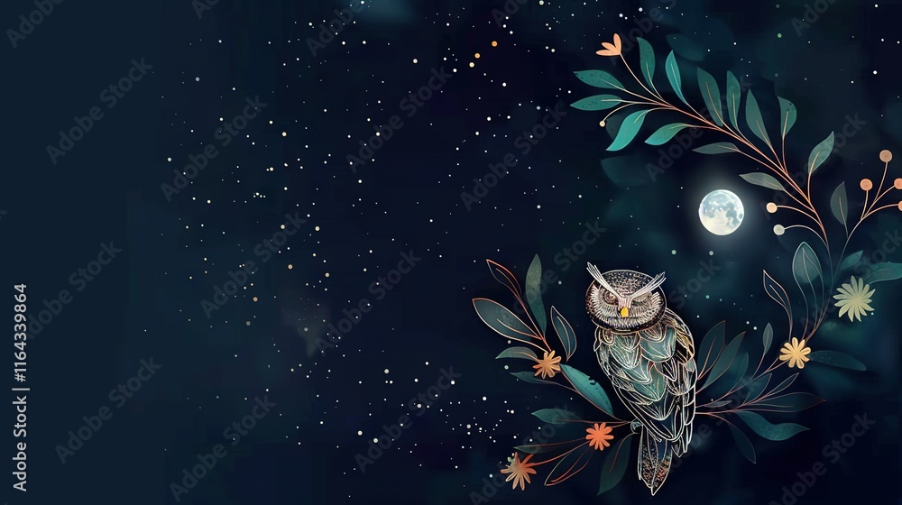 Owl on Branch, Full Moon & Stars Owl on Branch, Full Moon & Stars