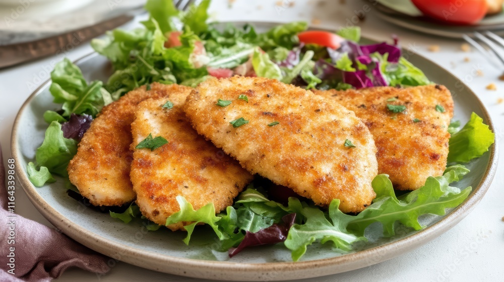 Crispy chicken cordon bleu paired with a fresh and vibrant side salad. Crispy chicken cordon bleu paired with a fresh and vibrant side salad.