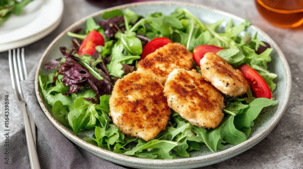 Crispy chicken tenders served atop a fresh and vibrant salad. Crispy chicken tenders served atop a fresh and vibrant salad.