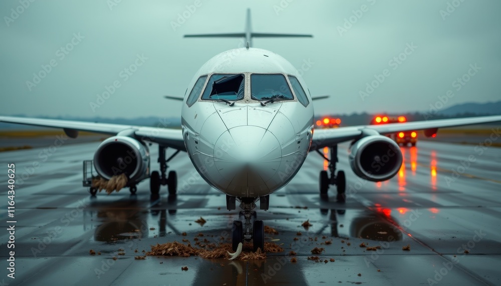 Naklejka premium airplane bird strike damage on runway