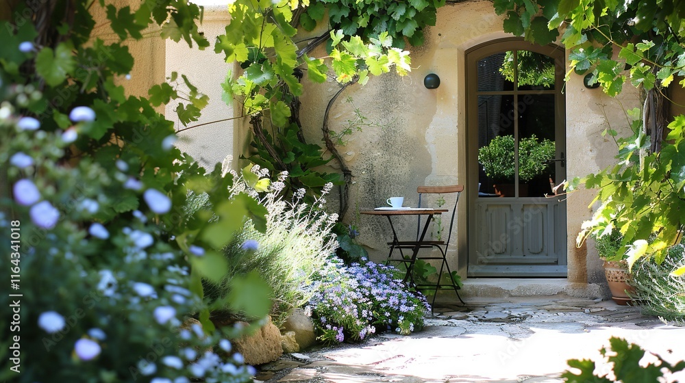 Naklejka premium A table and chairs sit in front of a building with a door and a potted plant on its table