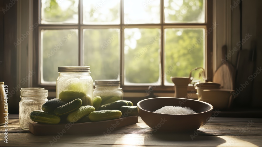 Rustic Kitchen with Cucumbers and Jars. Rustic Kitchen with Cucumbers and Jars.