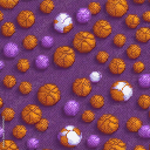 Pixel art basketballs on a vibrant purple backdrop