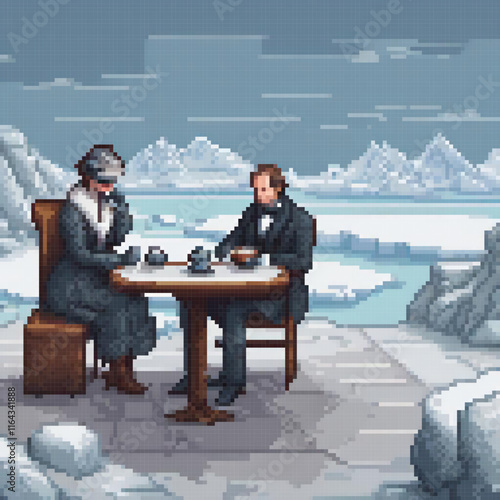 Pixel art depicts a couple enjoying a serene picnic by a lake.