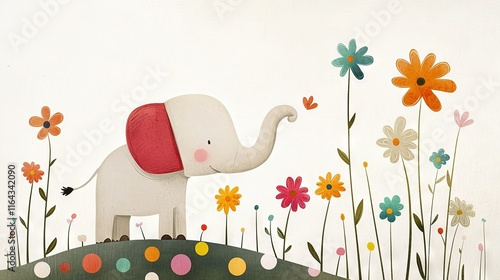   A portrait of an elephant wearing a red hat amidst a field of vibrant blossoms
