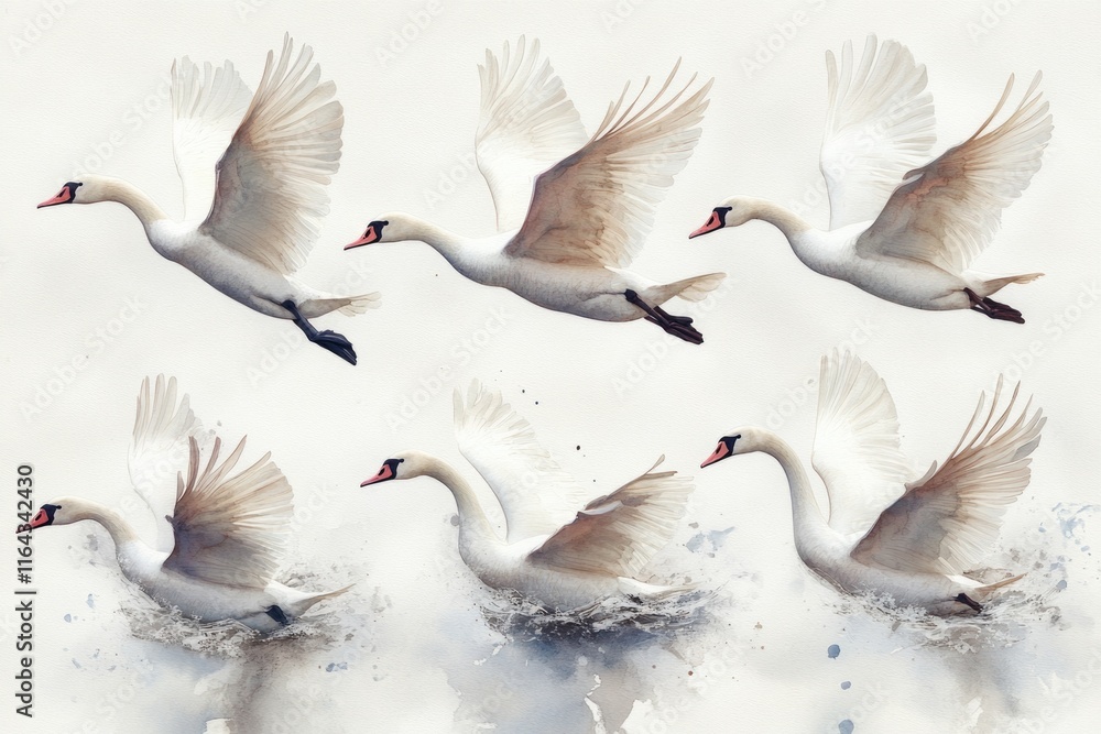 Obraz premium A flock of swans gliding across the surface of a serene lake
