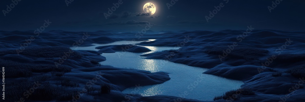 Fototapeta premium Moonlit River Winding Through Rolling Hills At Night