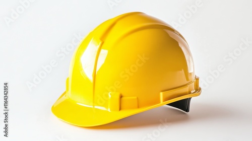 A bright yellow hard hat is positioned on a plain, neutral background. The hard hat is designed for safety in construction or industrial work. The clean space allows for text or graphic additions photo