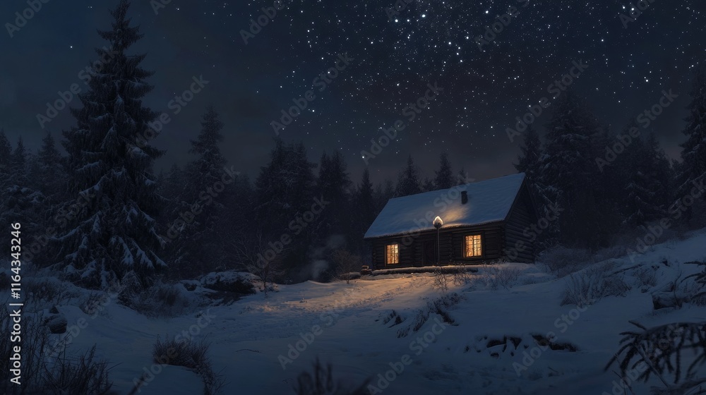 A rustic cabin with glowing windows stands in a snowy forest, surrounded by tall pine trees. The sky sparkles with bright stars, creating a serene winter night atmosphere A rustic cabin with glowing windows stands in a snowy forest, surrounded by tall pine trees. The sky sparkles with bright stars, creating a serene winter night atmosphere