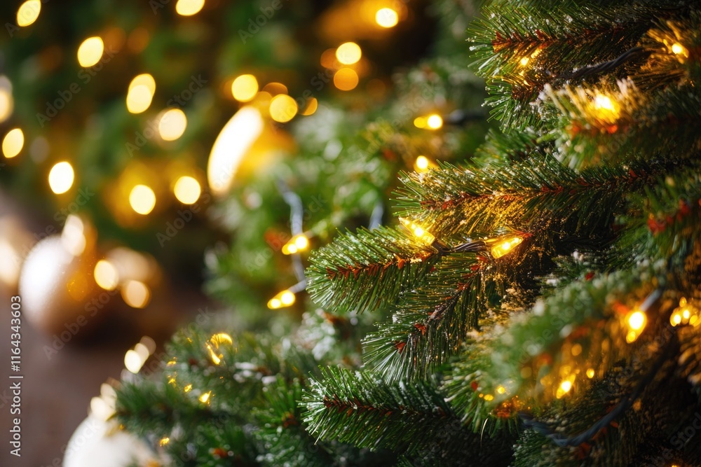 A close-up shot of a Christmas tree with colorful lights shining bright