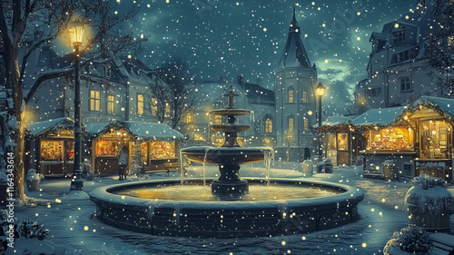 A central fountain surrounded by snowy vendor displays glowing softly, Holiday Markets, Digital Art