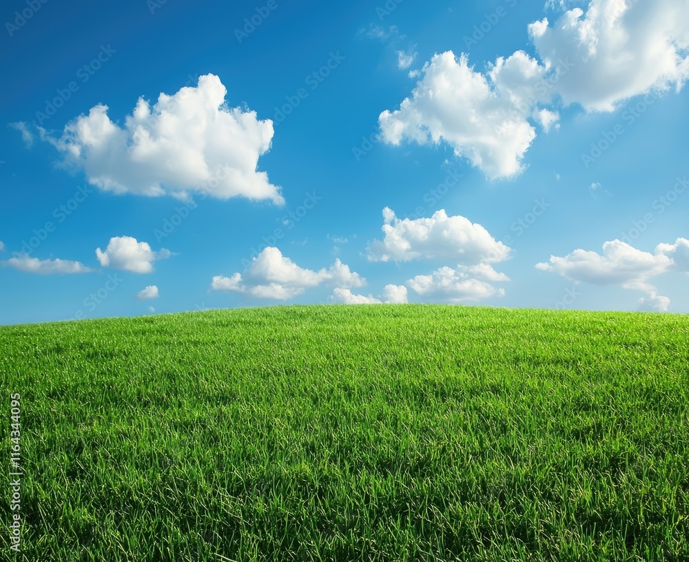 The image can be named: Sunny green field with blue sky and white clouds in a peaceful countryside The image can be named: Sunny green field with blue sky and white clouds in a peaceful countryside