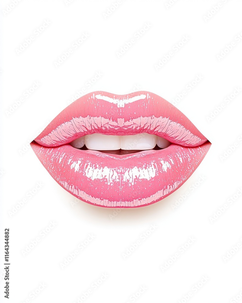 Obraz premium A close-up of glossy pink lips, showcasing a vibrant, inviting look perfect for beauty and makeup themes.