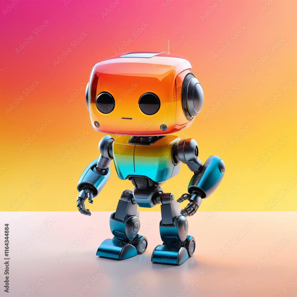 Playful Rainbow-Colored Robot Against Warm Gradient Background Playful Rainbow-Colored Robot Against Warm Gradient Background