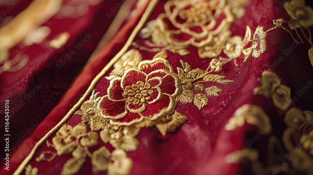 A detailed close-up of intricate red and gold embroidery on a traditional Chinese dress worn during New Year celebrations. A detailed close-up of intricate red and gold embroidery on a traditional Chinese dress worn during New Year celebrations.